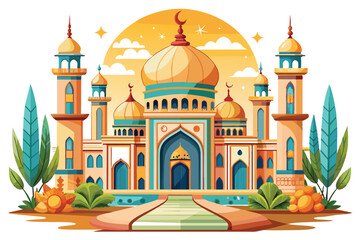 Islamic cartoon design, mosque illustration with beautiful cloud and sun view