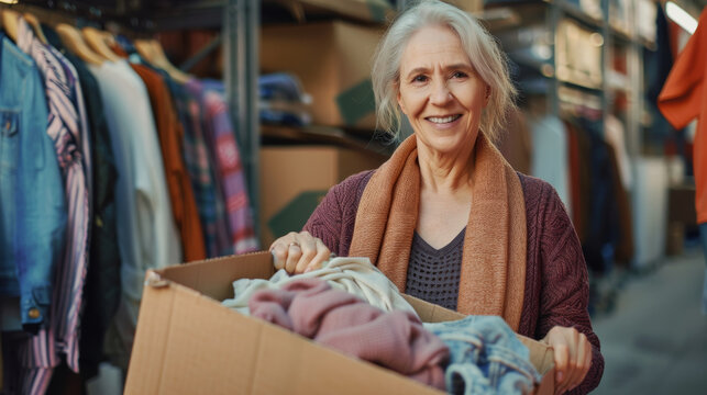 An elderly woman beams with joy as she holds a box of clothes in a cozy thrift store, surrounded by colorful garments, embodying the spirit of giving.
