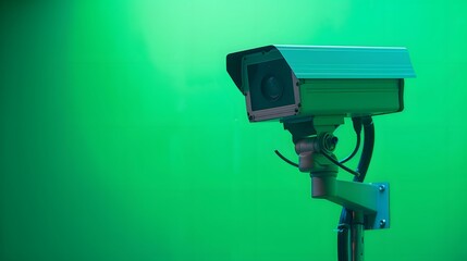 Closeup security camera on a green wall. Protection and safety. CCTV surveillance camera