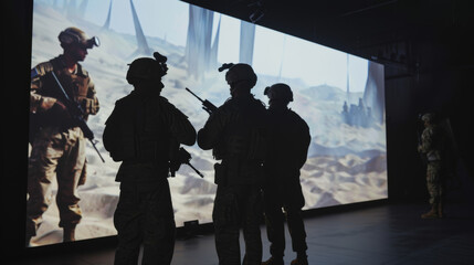 Soldiers stand in formation, their disciplined silhouettes illuminated by a bright backdrop, ready for a strategic mission.