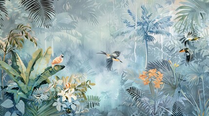 Illustration of tropical wallpaper print design with palm leaves, monstera leaves, birds and texture. Exotic plants and birds on textured background. AI generated illustration
