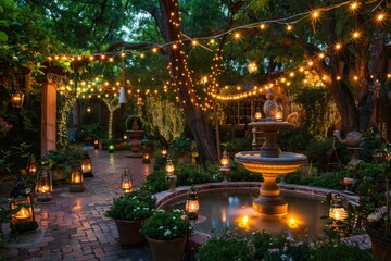 Magical Evening Garden with Illuminated Trees, Lanterns, and Fountain for a Serene Night Ambiance