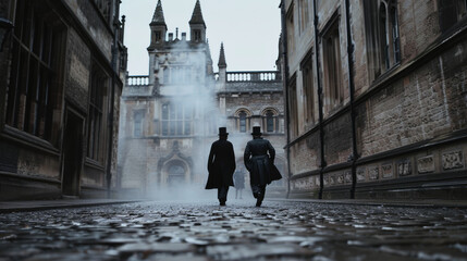 Two figures walk down a cobblestone street in Victorian attire, beneath foggy skies, capturing a moment of historical charm.