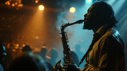A contemplative saxophonist serenades the audience with mellow tunes in a softly lit jazz venue, exuding a moody atmosphere.