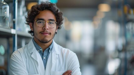 Confident young male scientist with glasses in a modern laboratory setting