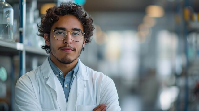 Confident young male scientist with glasses in a modern laboratory setting