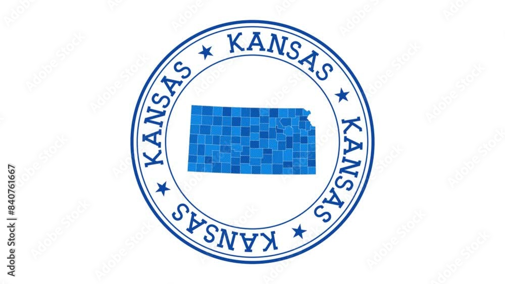 Poster kansas intro. badge with the circular name and map of us state. kansas round logo animation.