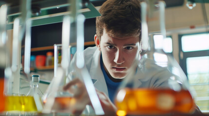 A focused young scientist in a lab coat, deeply immersed in an experiment with colorful liquids in flasks.
