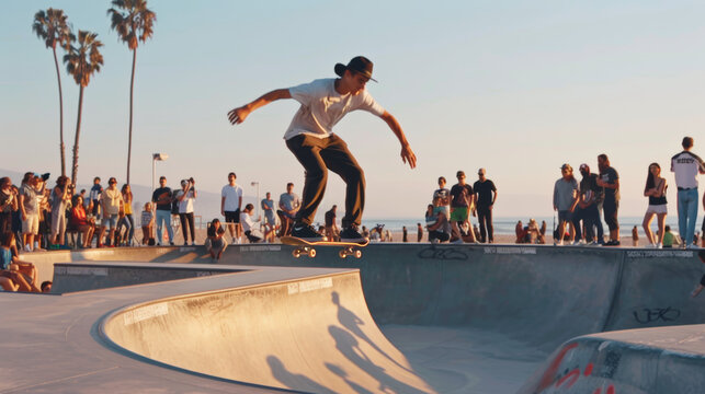 A skateboarder performs a trick at a lively skatepark by the beach, with spectators gathered to watch the impressive show.