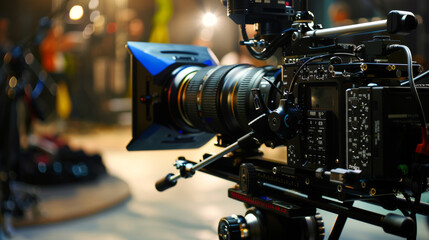 Close-up of an advanced camera rig with a large lens and accessories attached, set up in a studio ready for a professional film shoot.