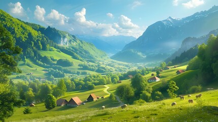 The peaceful countryside of Switzerland in summer, with rolling hills, farms, and a backdrop of towering mountains, 8k.