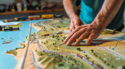 Obraz premium A detailed model railway setup is carefully arranged on a large table, reflecting meticulous planning and a passion for miniature recreations.