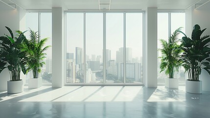 Fototapeta premium Large glass windows in a modern office with indoor plants, white walls and floors, minimalist interior design, very nice and clean, large panoramic windows with views of the dense city skyline