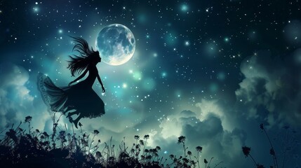 Obraz premium Flying fairy silhouette in night sky