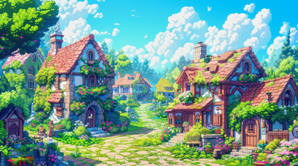 Fototapeta premium illustration of a small cute village in pixel art style