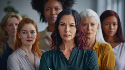 Obraz premium A group of women stands determinedly, reflecting unity and empowerment in a bright, professional setting, reinforcing the strength of diversity and solidarity.