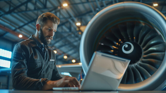 A focused engineer works on his laptop near a large aircraft engine, symbolizing dedication, technical expertise, and the scale of aviation technology.