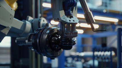 A close-up view of a precision engineering process in an industrial setting, showcasing robotic machinery meticulously assembling components.