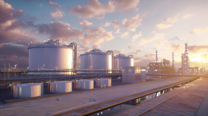 Obraz premium A set of large, shining tanks and industrial structures under a vibrant sunrise sky, highlighting the expanse and scale of an oil refinery.