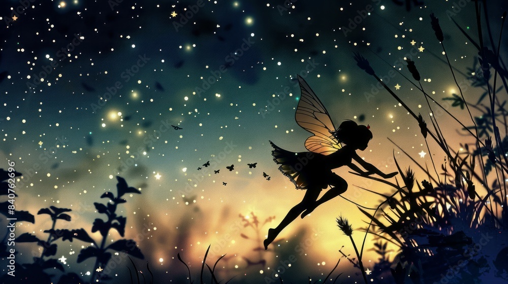 Wall mural flying fairy silhouette in night sky - Wall murals