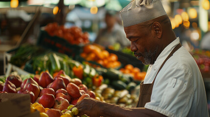 A vendor in a chef's hat and apron carefully sorts fresh produce at a bustling market, with a backdrop of colorful fruits and vegetables, reflecting dedication and craftsmanship.