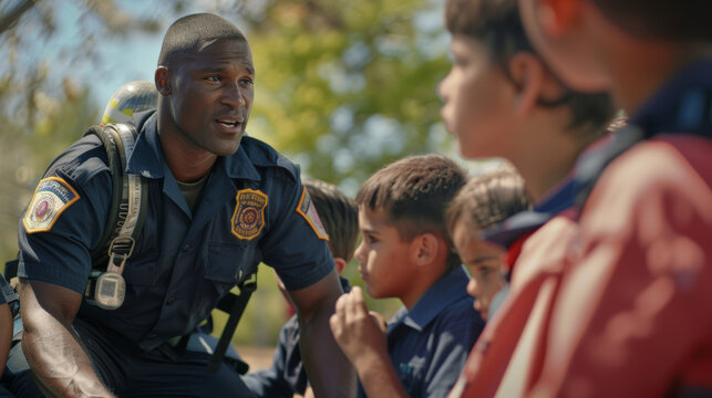 A firefighter in gear engages with curious children, fostering a sense of safety and community connection under sunny skies.