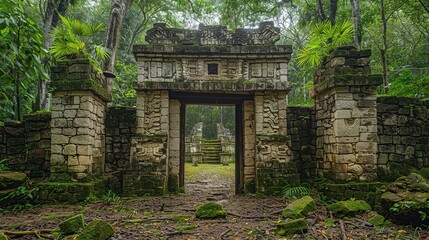 Fototapeta premium An ancient gate in the forest, made of stone. Mossy, full of mystery and history.