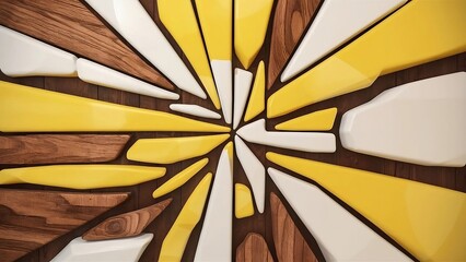 A modern creative background, with a cubist style, yellow and white colors, wooden textures