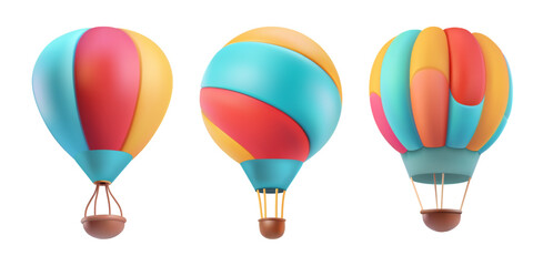 Hotair baloon romantic festival 3d vector illustration. Round bright sky travel aerostat. Gas inflated striped flight air balloon rising up. Cartoon dreamy adventure concept. Red blue yellow airship.