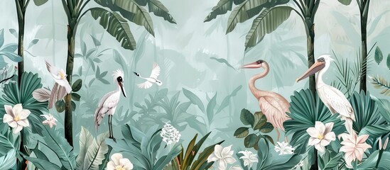 Illustration of tropical wallpaper print design with palm leaves, monstera leaves, birds and texture. Exotic plants and birds on textured background. AI generated illustration