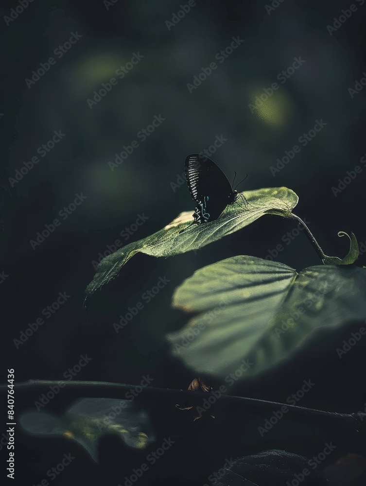 Canvas Prints Elegant green leaf silhouette in dramatic lighting against a moody,dark background. Minimalist,natural,and serene botanical photography.