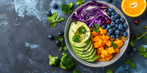  A colorful bowl of salad on a table with blueberries and avocado scattered around.