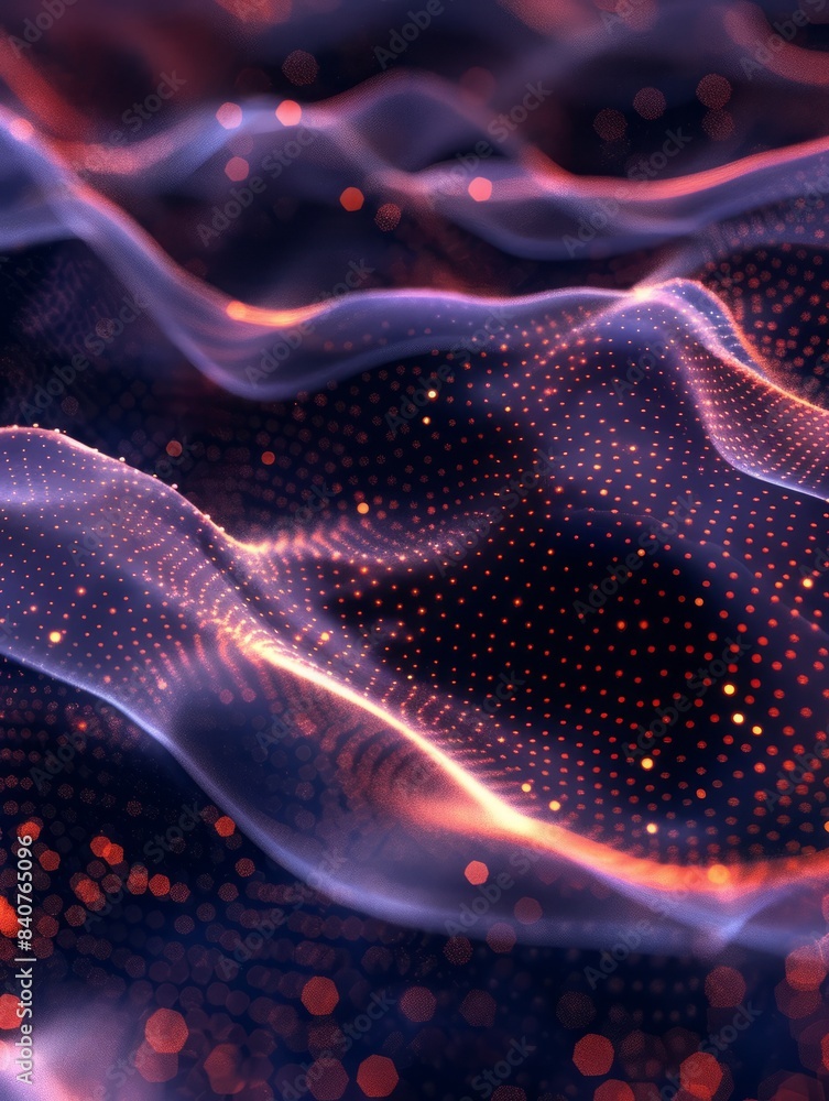 Poster smooth smoke particle wave, big data techno background with glowing dots hyper realistic