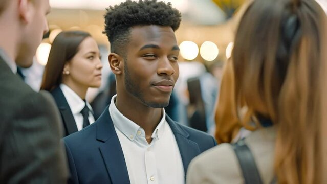 A man in a suit conversing with a woman at a career fair, A student attending a career fair to network with professionals