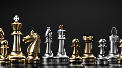 gold and silver chess pieces poised on a sleek black background, symbolizing business competition, while offering ample copy space for text to convey the essence of corporate strategy and triumph.
