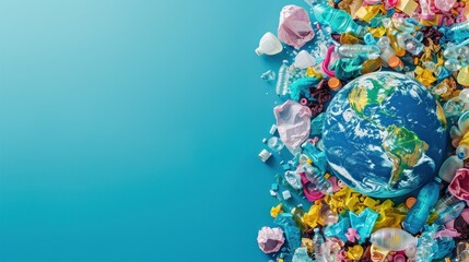World in plastic debris against teal backdrop