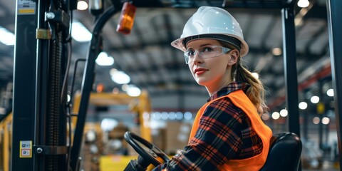 Confident female worker in hard hat and safety vest operating a forklift in industrial warehouse