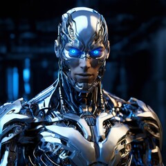 humanoid cyborg with metallic silver skin glowing blue eyes and