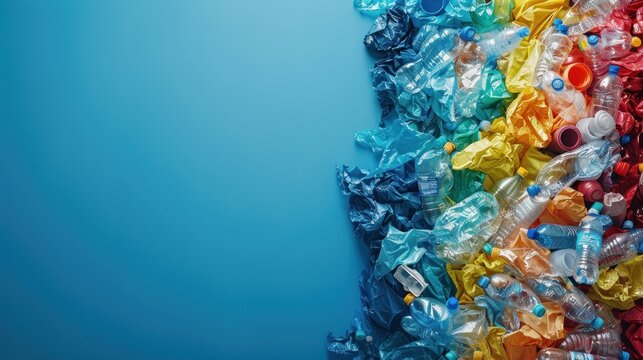 Color gradient of crushed plastics on blue background
