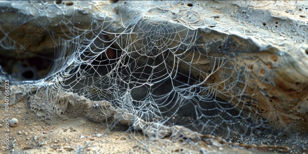 Poster detailed close-up of a spider web intricately woven on a rock surface, with visible threads and patt