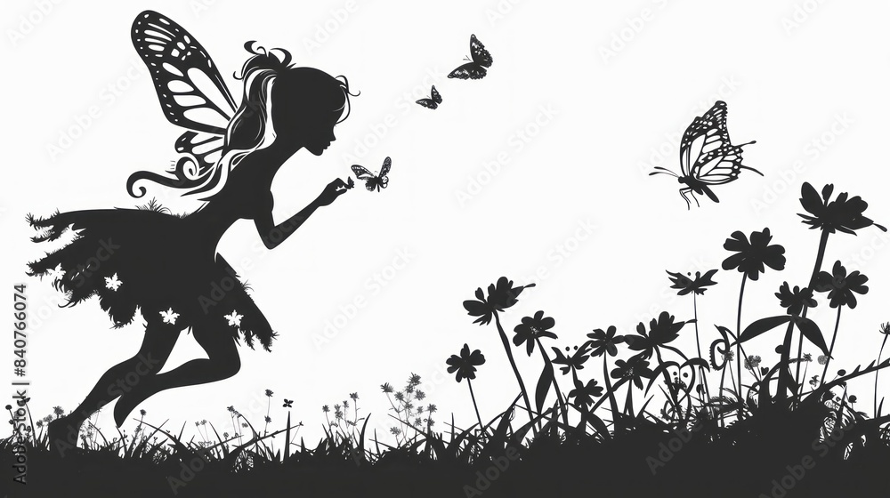 Wall mural cute fairy and butterfly silhouette. vector