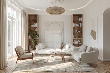 Fototapeta premium A bright living room with a white sofa, chairs and coffee table in the style of scandinavian interior design for a modern home ai generative