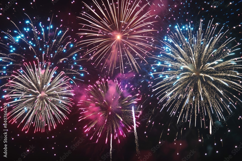 Poster colorful, vibrant fireworks display., vector design featuring a mesmerizing display of fireworks aga