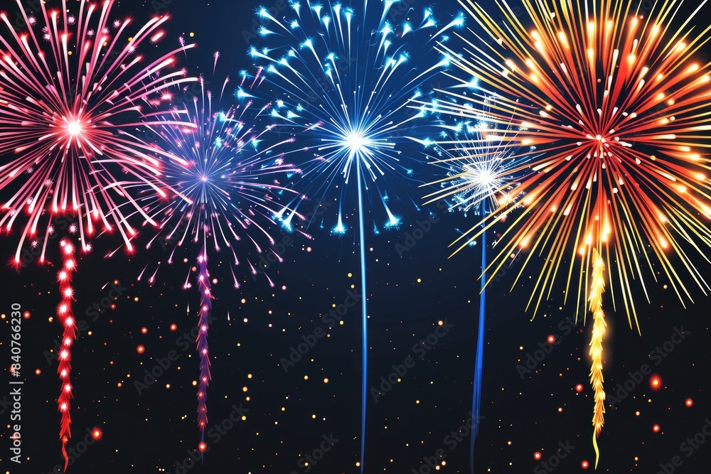 Poster colorful, vibrant fireworks display., vector design featuring a mesmerizing display of fireworks aga