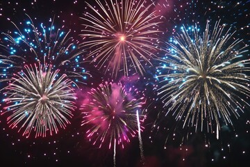 Naklejka premium Colorful, vibrant fireworks display., Vector design featuring a mesmerizing display of fireworks against a deep black sky