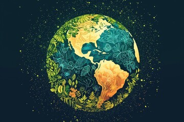 Fototapeta premium Vibrant, floral-patterned earth illustration, Vector design of a planet with intricate ecosystems, emphasizing the need for environmental conservation