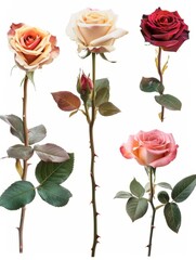 There are five types of roses isolated on a white background with clipping paths hyper realistic 