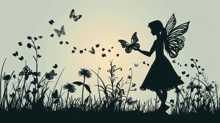 cute fairy and butterfly silhouette. vector