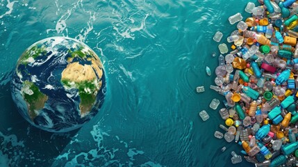 Fototapeta premium Earth engulfed by plastic waste in water