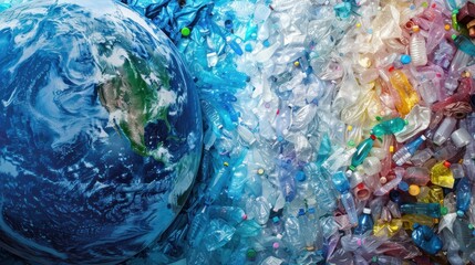 Earth amidst plastic bottles and trash on blue